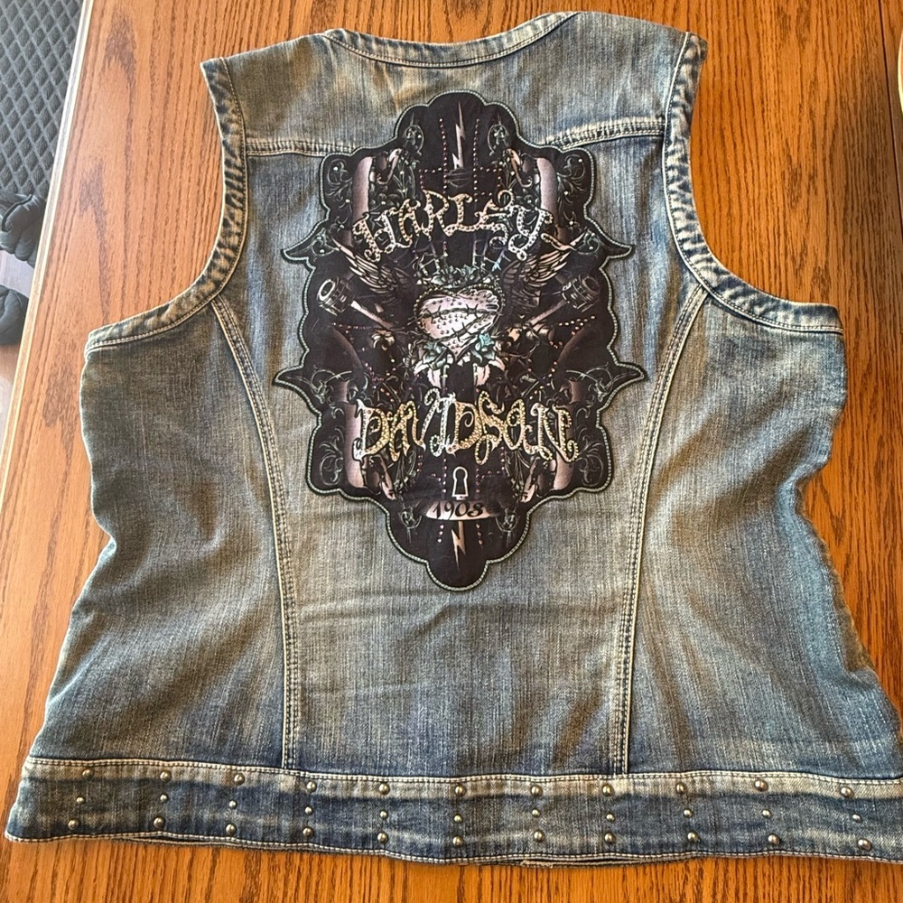 Y2K Harley Davidson Vest Women's 2xl Embellished Graphic Denim Grunge Biker Chic - Picture 6 of 7